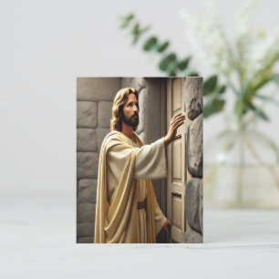 Jezus staat bij de verweerde deur briefkaart