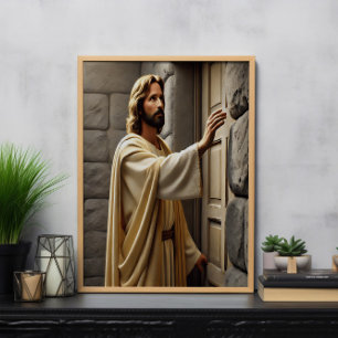 Jezus staat bij de verweerde deur poster