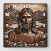 Jezus te midden van bergen en rivierlandschap vierkante klok (Voorkant)