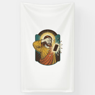 Jezus verblindt maximale helderheid telefoon midde spandoek