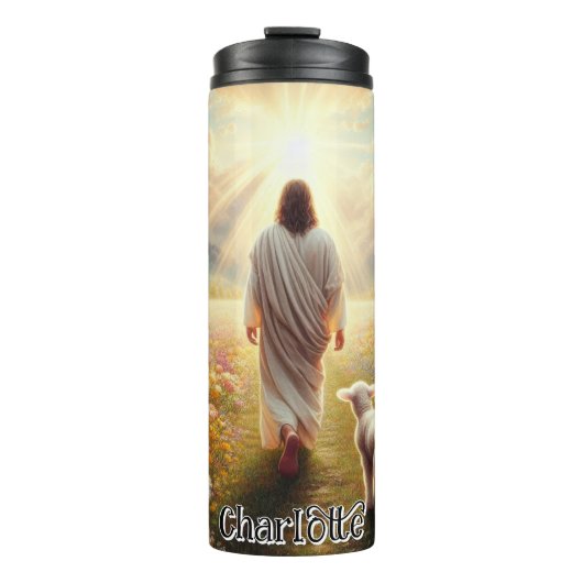 Jezus wandelt met het Lam in het veld Thermosbeker (Voorkant)