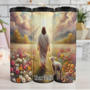 Jezus wandelt met het Lam in het veld Thermosbeker
