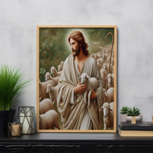Jezus wandelt met zijn lammeren poster
