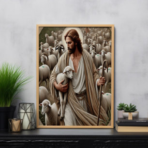 Jezus wandelt tussen zijn kudde poster