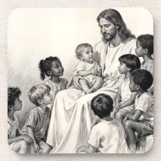 Jezus zittend met kinderen bier onderzetter (Voorkant)
