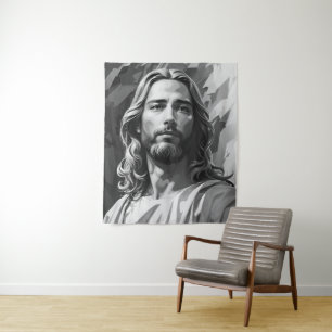 Jezus zwart-wit wandtapijt wandkleed