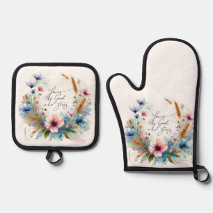 Jij bent de God die Blijft, waterverf bloemmotief Ovenwant & Pannenlap Set