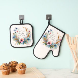 Jij bent de God die Blijft, waterverf bloemmotief Ovenwant & Pannenlap Set