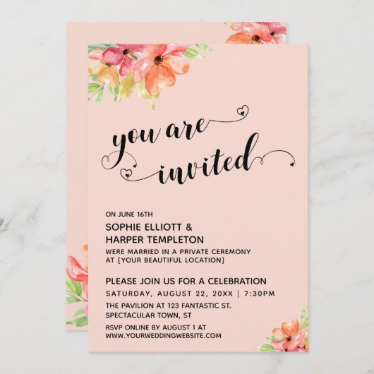 Jij Bent Uitgenodigd Hartjes Script Roze Bloemen Kaart (Voorkant / Achterkant)