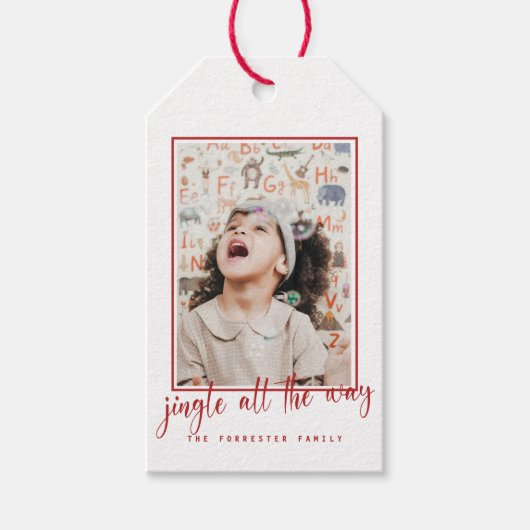 Jingle All Way Red Script Photo Holiday  Cadeaulabel (Voorkant)