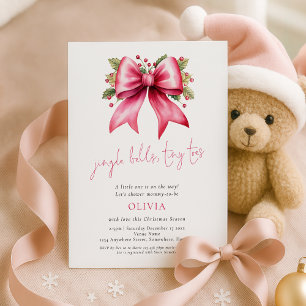 Jingle Bells Tiny Toes Pink Bow Xmas Baby shower Kaart