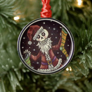 JINGLE BOTTEN SANTA, HOLIDAY SKELETON & STOCKINGS METALEN ORNAMENT