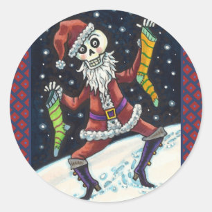 JINGLE BOTTEN SANTA, HOLIDAY SKELETON & STOCKINGS RONDE STICKER