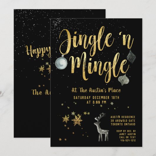 Jingle Mingle Black Gold Calligraphy Holiday Party Kaart (Voorkant / Achterkant)