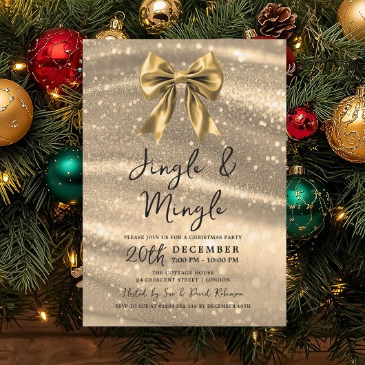 Jingle & Mingle Christmas Party Gold Sparkle Bow Kaart