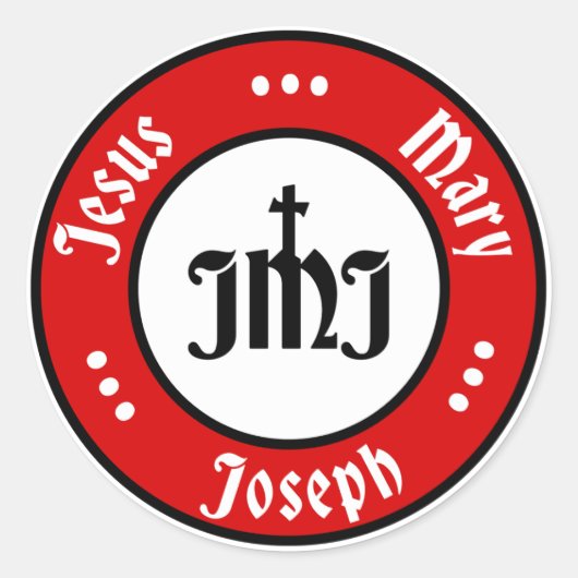 JMJ: Jezus, Maria, Jozef Logo (rood) Ronde Sticker (Voorkant)