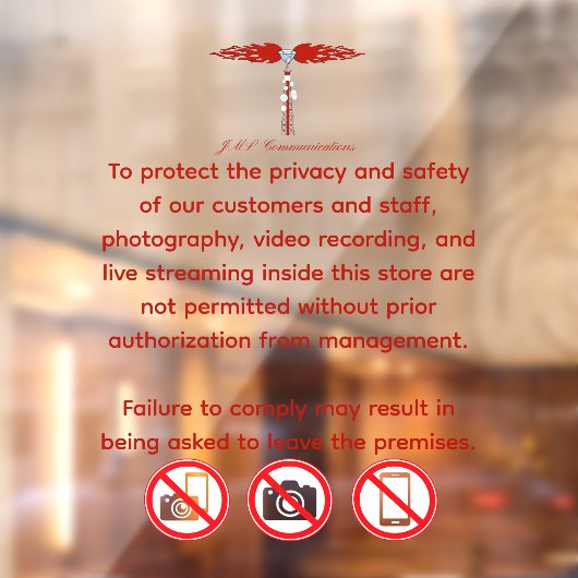JML Communications No Photography or..Window Cling Raamsticker (Vel 2)