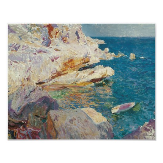 Joaquin Sorolla-Rocks van Javea en de Witte Boat Foto Afdruk (Voorkant)