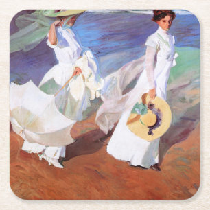 Joaquin Sorolla Women Walking Beach Vierkante Kartonnen Onderzetter