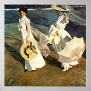 Joaquín Sorolla y Bastida loopt op het strand Poster