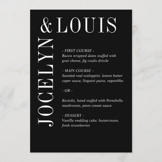 Jocelyn Black Modern Wedding Menu (Voorkant)
