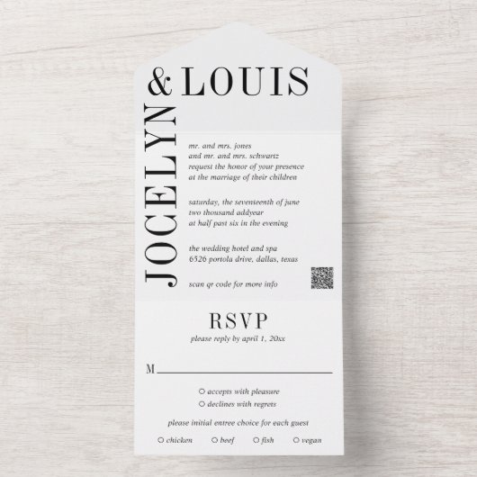 Jocelyn Zwart en Wit Modern Wedding All In One Uitnodiging (Binnen)