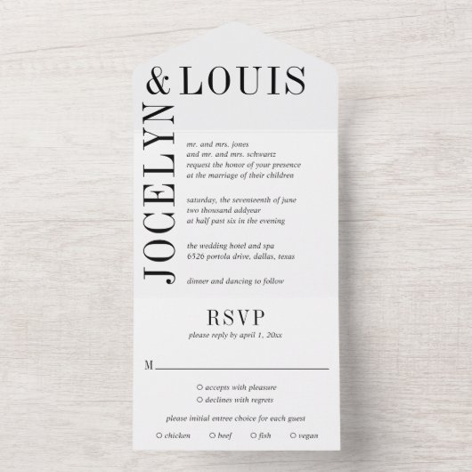 Jocelyn Zwart en Wit Modern Wedding All In One Uitnodiging (Binnen)