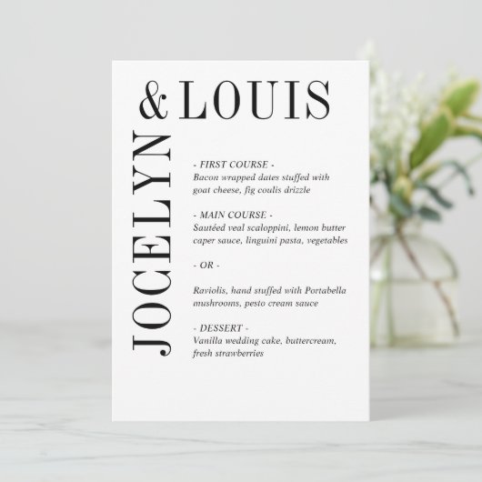 Jocelyn Zwart en Wit Modern Wedding Menu (Staand voorkant)