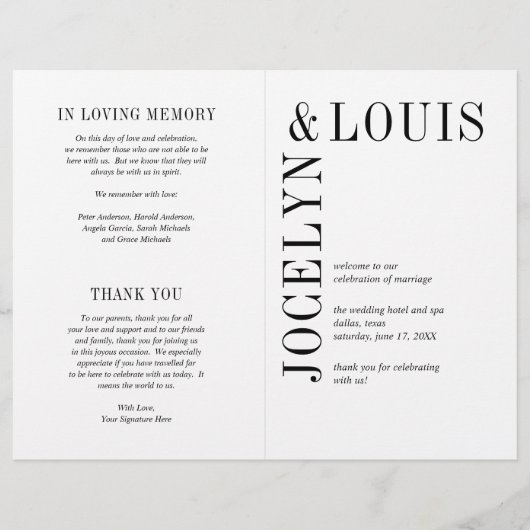 Jocelyn Zwart en Wit Modern Wedding Programma (Voorkant)