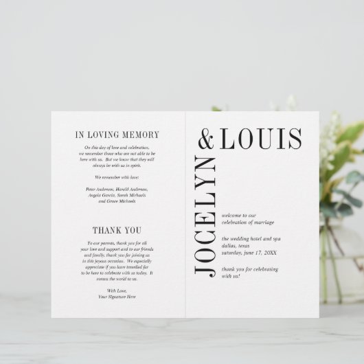 Jocelyn Zwart en Wit Modern Wedding Programma (Staand voorkant)