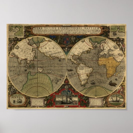 Jodocus Hondius 1595 Map of the World Poster (Voorkant)