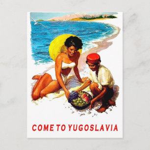 Joegoslavië, vrouw op het strand met fruitverkoper briefkaart