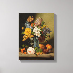 Johann Geor Seitz Flowers in a Blue Vase and Fruit Canvas Afdruk