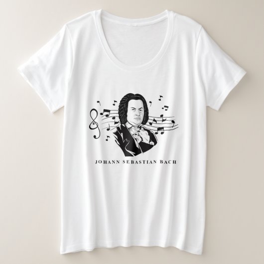 Johann Sebastian Bach Portrait en Bust met notitie Grote Maat T-shirt (Design voorkant)