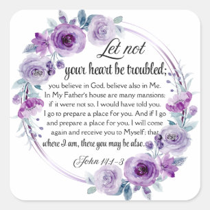 Johannes 14:1-3 Bijbelvers Paarse bloem Vierkante Sticker