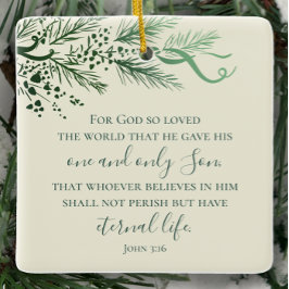 Johannes 3:16 Gepersonaliseerde Sage Pine kerstcad Keramisch Ornament