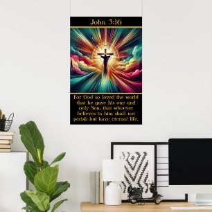 Johannes 3:16 Jezus in stralend licht en wolken Poster
