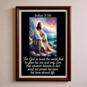 Johannes 3:16 Jezus zittend rotsachtige kust zonso Poster