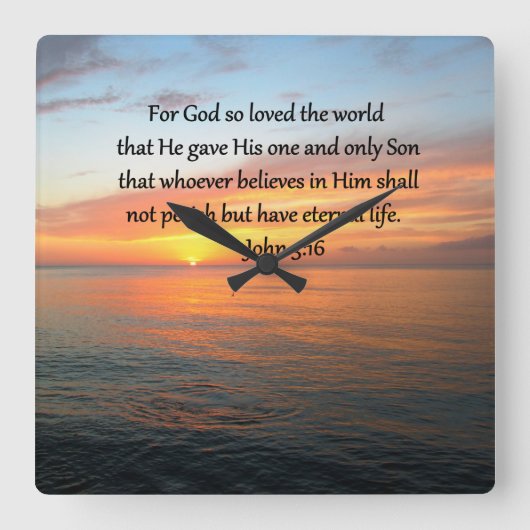 JOHANNES 3:16 ZONSOPGANG OVER DE OCEAAN FOTO VIERKANTE KLOK (Voorkant)