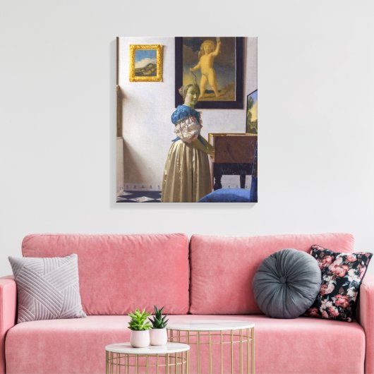 Johannes Vermeer - Dame die bij een maagdenvaag st Canvas Afdruk (Insitu (Woonkamer))