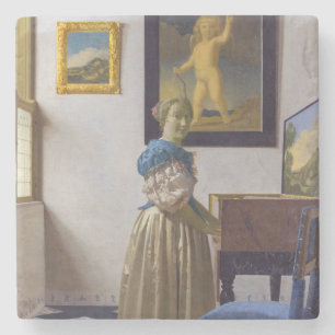 Johannes Vermeer - Dame die bij een maagdenvaag st Stenen Onderzetter