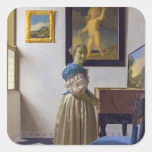 Johannes Vermeer - Dame die bij een maagdenvaag st Vierkante Sticker