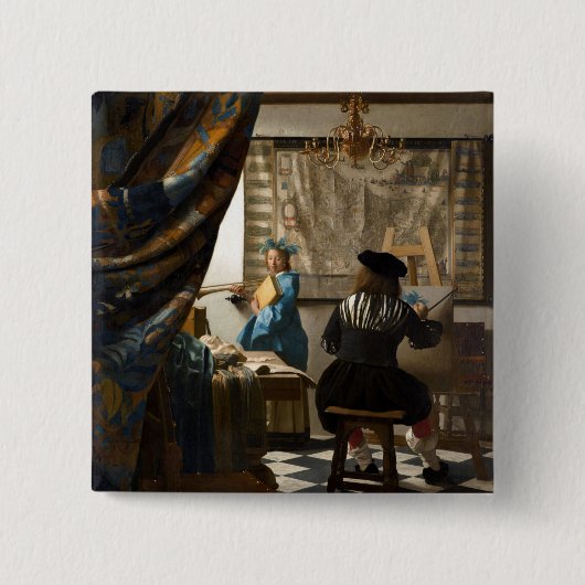 Johannes Vermeer - De Allegory of Painting Vierkante Button 5,1 Cm (Voorkant)