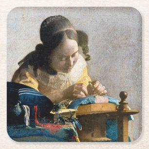 Johannes Vermeer - De Lacemaker Vierkante Kartonnen Onderzetter