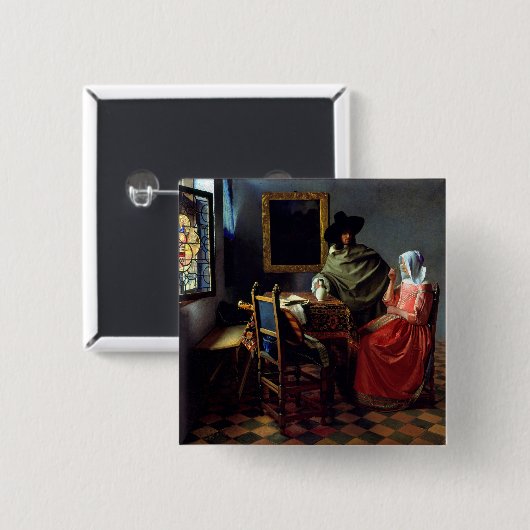 Johannes Vermeer - Het glas wijn Vierkante Button 5,1 Cm (Voorkant /achterkant)