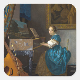 Johannes Vermeer - Lady Seated in een Virginal Vierkante Sticker