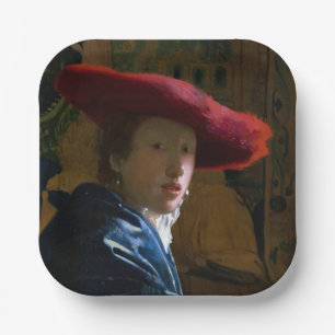 Johannes Vermeer - Meisje met een rood Pet Papieren Bordje