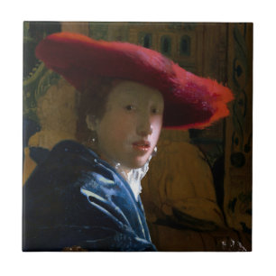 Johannes Vermeer - Meisje met een rood Pet Tegeltje