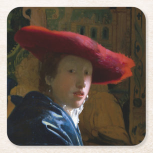 Johannes Vermeer - Meisje met een rood Pet Vierkante Kartonnen Onderzetter