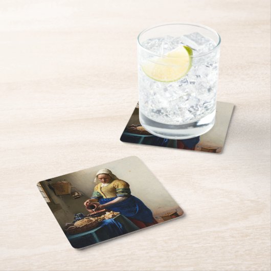 Johannes Vermeer - The Milkmaid Vierkante Kartonnen Onderzetter (Insitu)